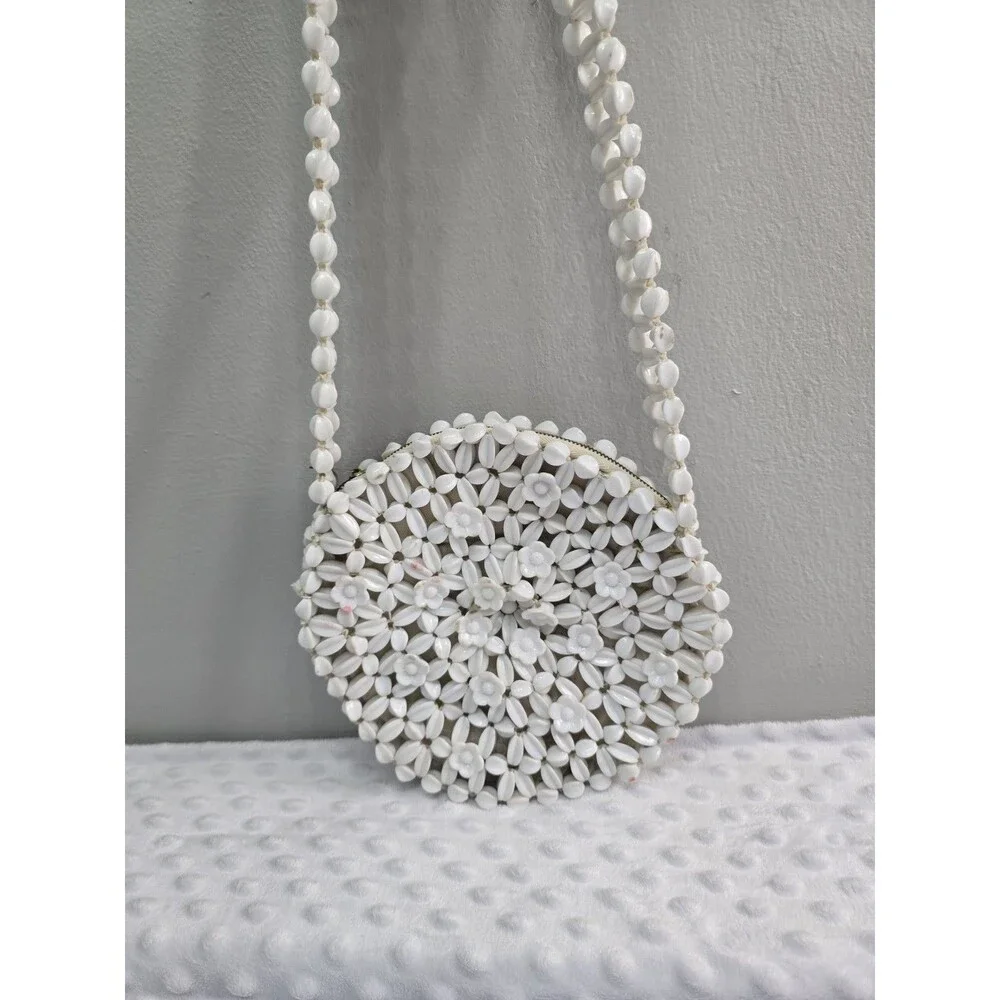 Lady Ellen Vintage White Beaded Purse Handbag White Flower Beads Round Bag Read